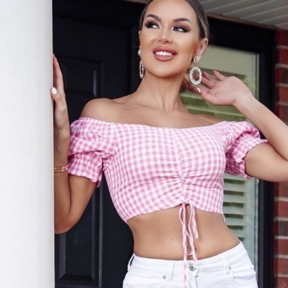 Tops - Pink Gingham Plaid Check Short Sleeve Off Shoulder Ruched Crop Top